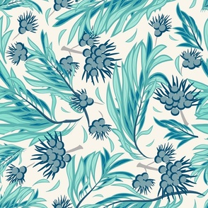Palm branches with coconuts, Turquoise leaves on a cream background