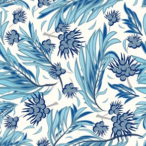 Palm branches with coconuts, Light blue leaves on a cream background