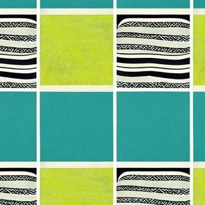 Abstract Teal Lime White Black Patterned and Textured Checker Squares Pattern by kedoki