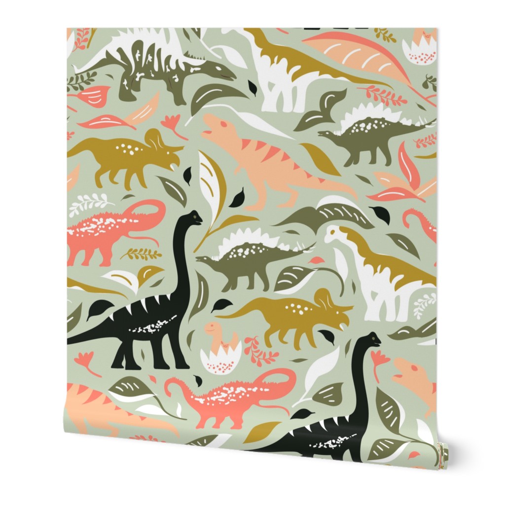 Cheery Dinos- Colorful Dinosaurs- Nursery Kids- Pale Moss Green- Large Scale
