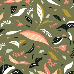 Leafy Floral Botanical- Cheery Dinos- Nursery Kids- Dark Sage Green- Large Scale