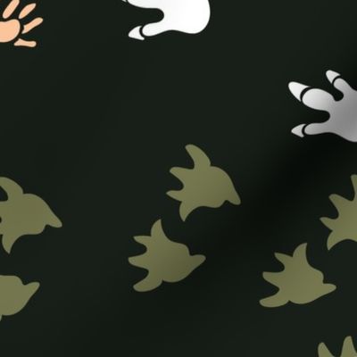 Dino Tracks- Dinosaur Footprints- Colorful on Dark Jungle Green Black- Regular Scale