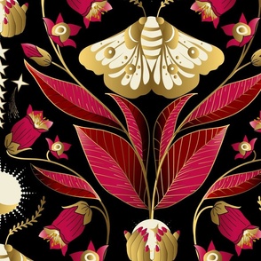 Whimsigothic Garden- Celestial Moth Belladonna Moody Floral- Ruby Red Black Gold- Large Scale
