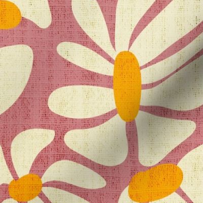 Retro Whimsy Daisy- Flower Power on Pink Clay- Eggshell Floral- Warm Neutrals- Large Scale