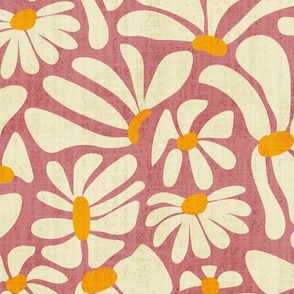 Retro Whimsy Daisy- Flower Power on Pink Clay- Eggshell Floral- Warm Neutrals- Large Scale