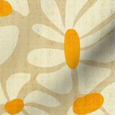 Retro Whimsy Daisy- Flower Power on Beige- Eggshell Floral- Warm Neutrals- Large Scale