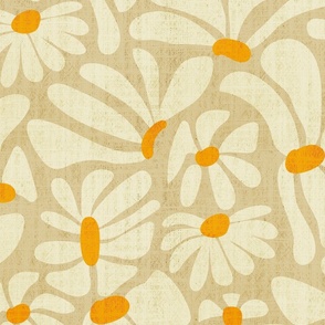 Retro Whimsy Daisy- Flower Power on Beige- Eggshell Floral- Warm Neutrals- Large Scale