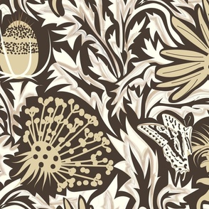 Enchanting Wildflowers- Warm Neutrals- Taupe Ivory Beige Rich Oak- Large Scale