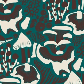 Mushroom Potpourri- Brown and Antique White on Teal- Large Scale