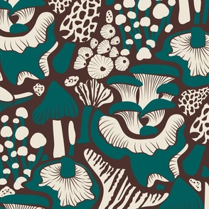 Mushroom Potpourri- Teal and Antique White on Brown- Large Scale