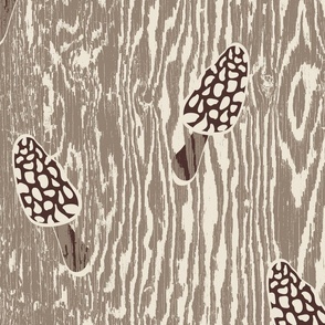 Peek-a-boo Morels Woodgrain Texture- Mushroom and Antique White- Large Scale