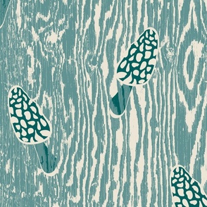 Peek-a-boo Morels Woodgrain Texture- Light Teal and Antique White- Large Scale