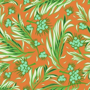 Palm branches with coconuts, Green leaves on orange background