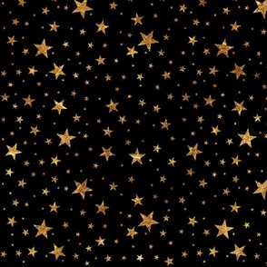 Gold stars on black. Starry Whimsical Holiday Bright starry magic sparkle. 