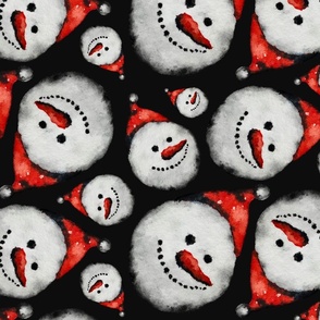 Happy Snowman - watercolor, hand-painted, snow, snowmen, winter, Christmas, Christmas hats 