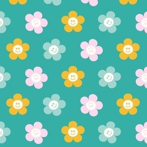 Retro Smiley Face Geometric Floral in Pink, Yellow and Teal