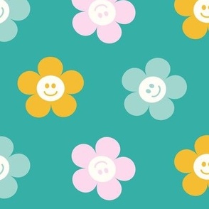 Retro Smiley Face Geometric Floral in Pink, Yellow and Teal