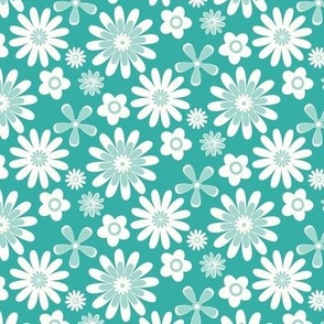 1970s Geometric White Flowers on a Teal Background