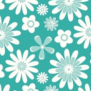 1970s Geometric White Flowers on a Teal Background Large Scale