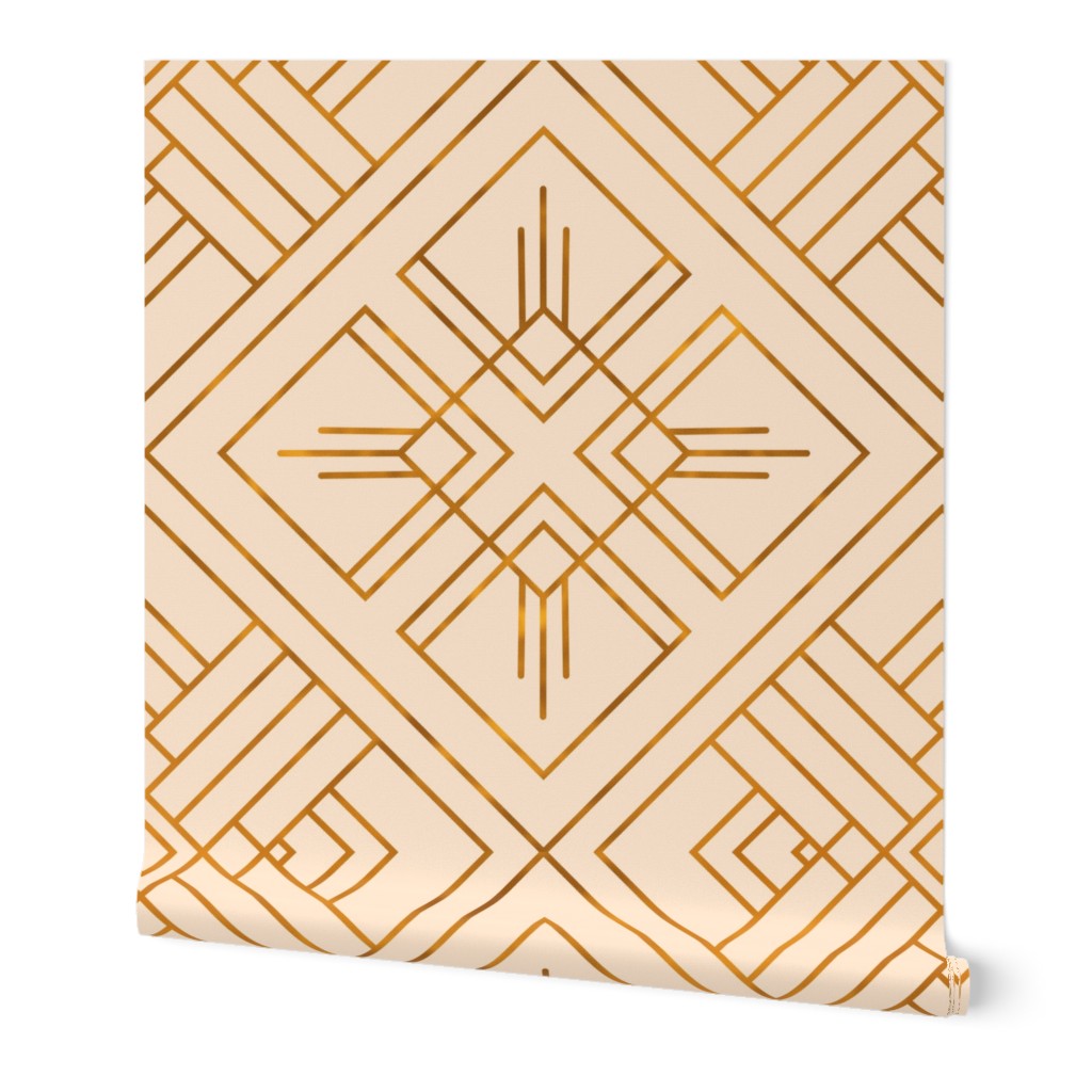 1920s Inspired Gold Geometric Line Art Pattern (Large Scale), Light Orange