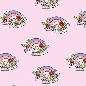 Cutesy Christmas rainbows - seasonal retro style rainbow smiley and flowers nineties pastel pink lilac mint green