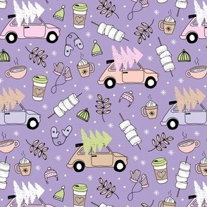 Driving home for Christmas cosy camping winter day mittens leaves and picnic drinks retro lilac purple beige pink mint nineties palette
