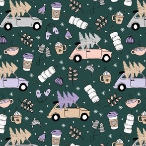 Driving home for Christmas cosy camping winter day mittens leaves and picnic drinks vintage beige blush lilac purple on pine green