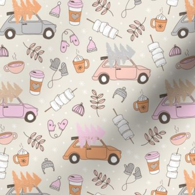 Driving home for Christmas cosy camping winter day mittens leaves and picnic drinks vintage pink orange on sand seventies palette