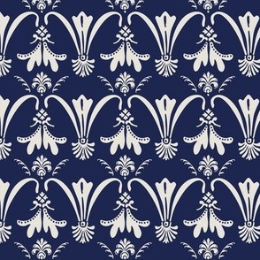 Small Damask 001 White on Navy Blue