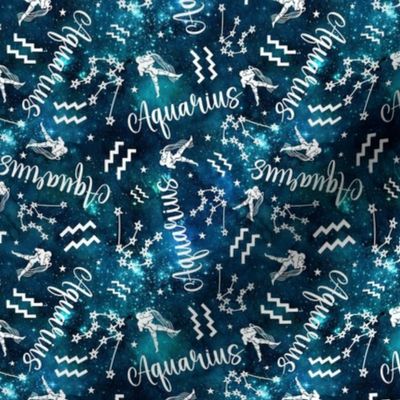 Small-Medium Size Aquarius Zodiac Water Signs Symbols and Constellations on Teal Galaxy