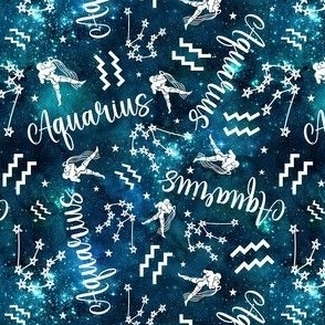 Small-Medium Size Aquarius Zodiac Water Signs Symbols and Constellations on Teal Galaxy