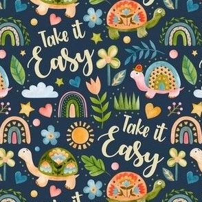 Small-Medium Scale Take it Easy Turtles and Flowers on Navy