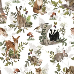 Woodland Animals in Bramble and Wildflowers on White 