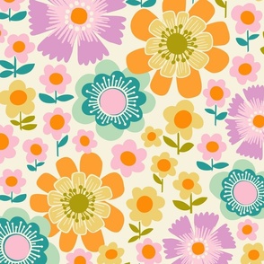 Joy Blooms - Medium scale - retro floral - candy colors