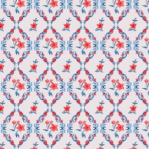 red blue light pink grid gouache bows ribbons tulips roses modern coquette