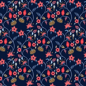 navy blue red trailing gouache jacobean floral modern chintz