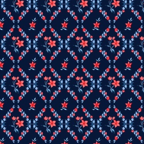 red blue navy grid gouache bows ribbons tulips roses modern coquette