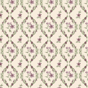 olive lavender cream grid gouache bows ribbons tulips roses modern coquette