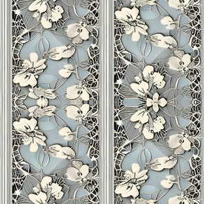 Pansy and Filigree Stripes in Pewter, Ivory, and Regency Grey