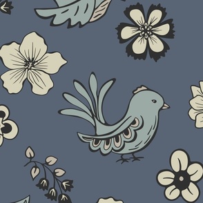 Tattoo Birds And Flowers - Extra Large - Blue