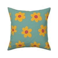 Yellow Flowers on a Teal Background - Large - 20x20 inch repeat