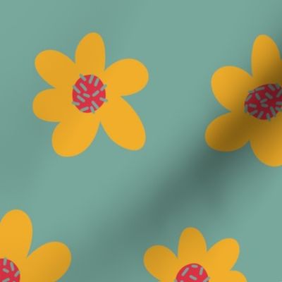 Yellow Flowers on a Teal Background - Large - 20x20 inch repeat