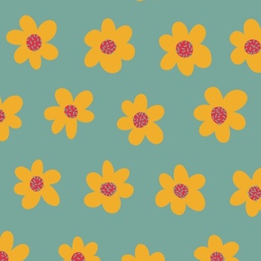 Yellow Flowers on a Teal Background