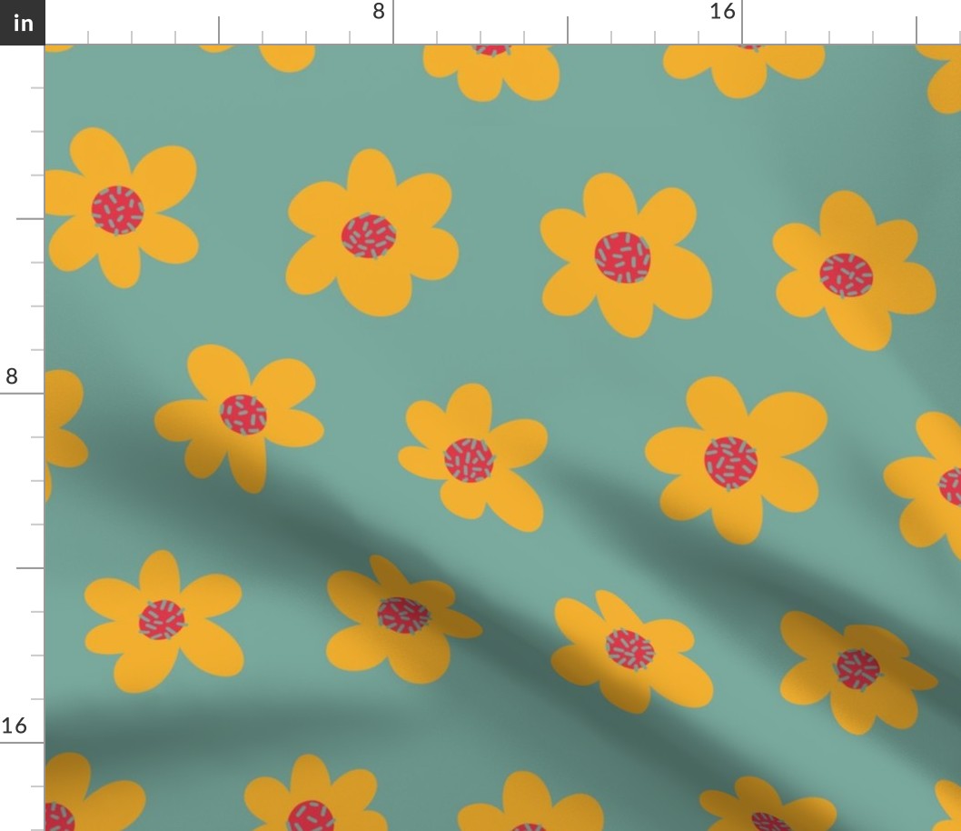 Yellow Flowers on a Teal Background - Large - 20x20 inch repeat