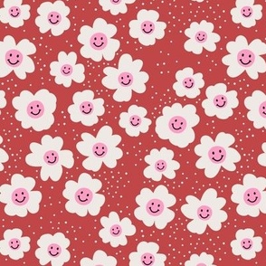 Happy day - retro smiley daisies - spring blossom nineties trend pink on stone red vintage