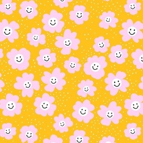 Happy day - retro smiley daisies - spring blossom nineties trend pink on bright sunny yellow