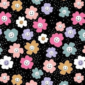 Happy day - retro smiley daisies - spring blossom nineties trend pink blue teal mustard on black 