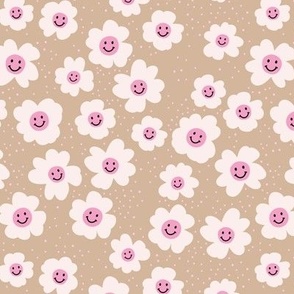 Happy day - retro smiley daisies - spring blossom nineties trend pink ivory on tan beige