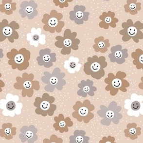 Happy day - retro smiley daisies - spring blossom nineties trend gray beige tan seventies vintage palette