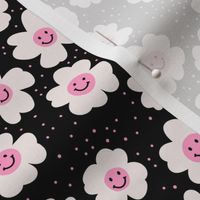 Happy day - retro smiley daisies - spring blossom nineties trend pink white on black